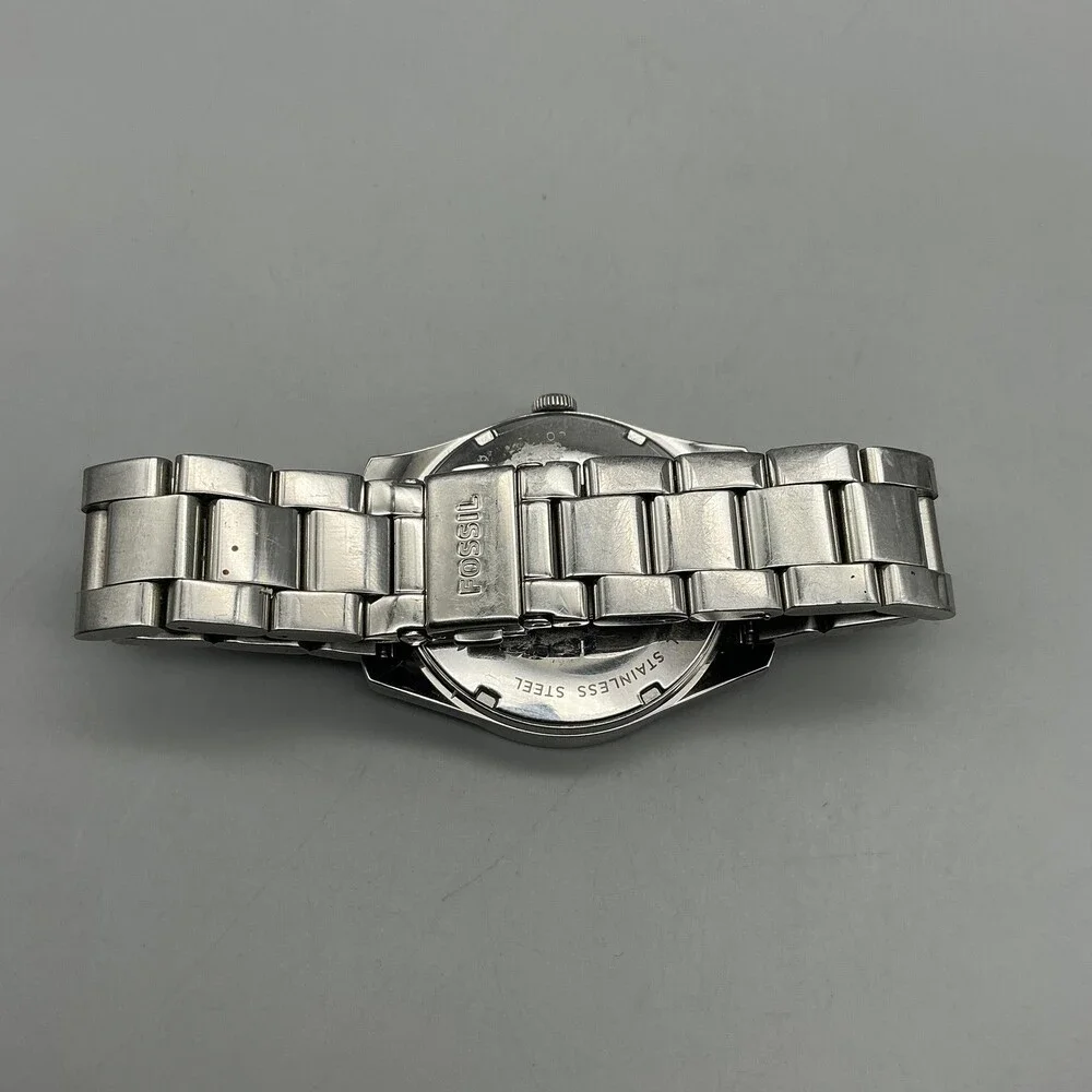 Fossil 2515 Mens Watch 39mm Orange Dial Silver Tone Date New Battery 6.75